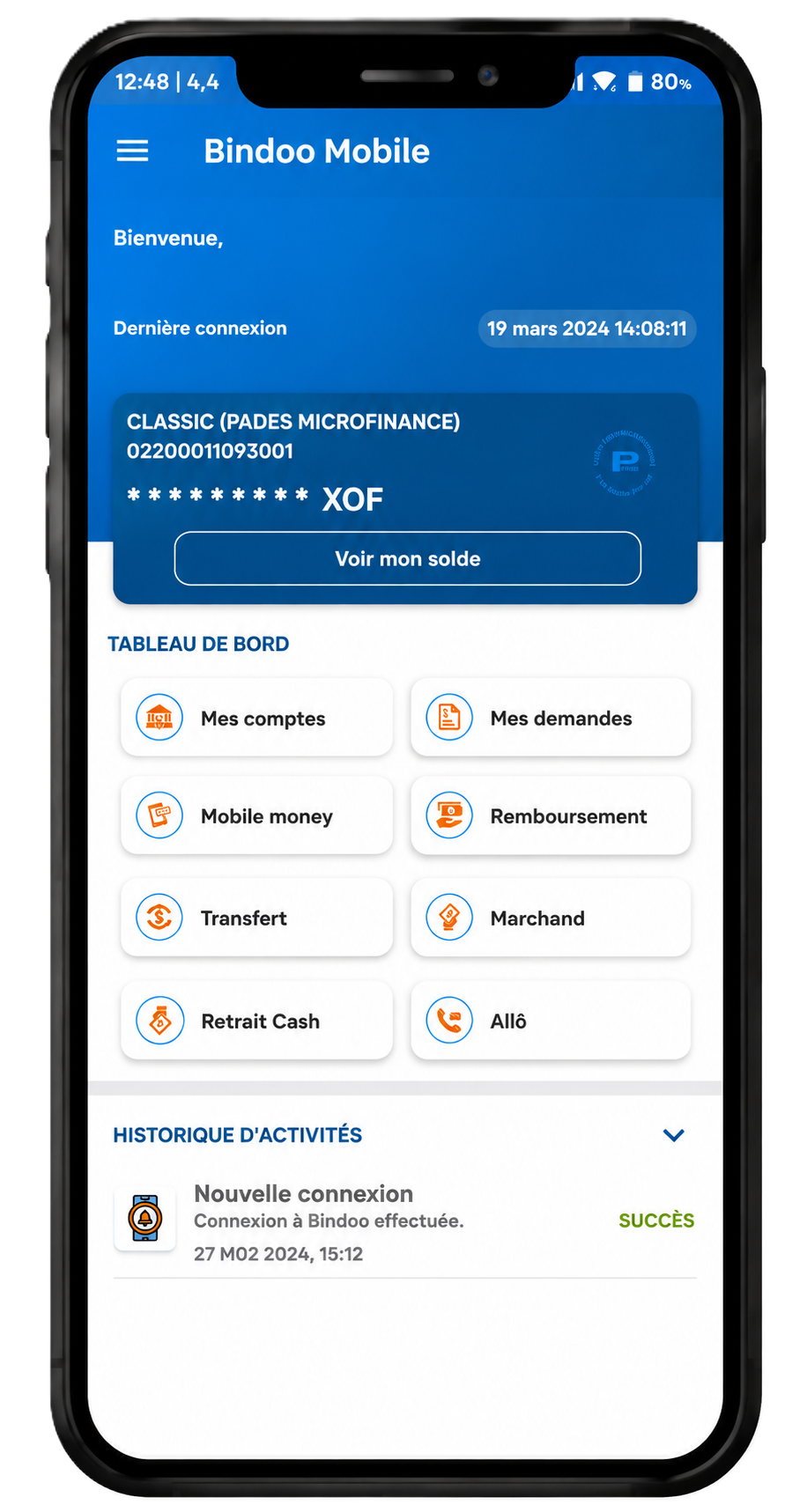 Application Bindoo Mobile — tableau de bord PADES